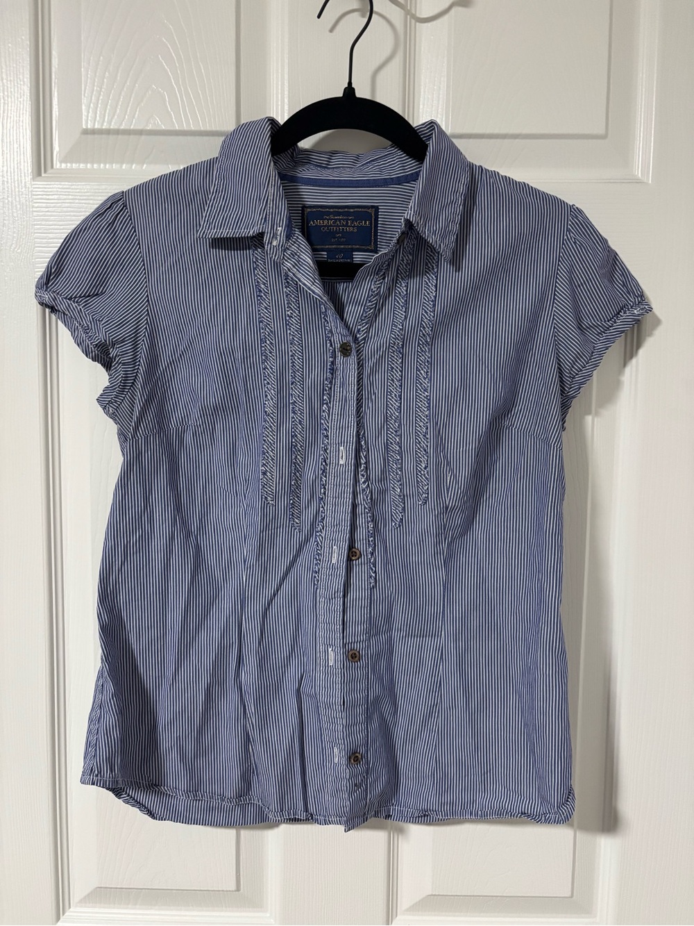 American Eagle Blue and White Striped Short Sleeve Button Down
